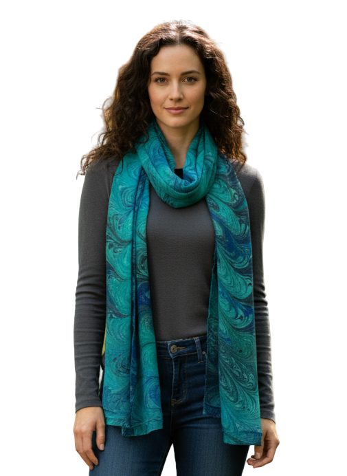 Marbled Silk Chiffon Sheer Scarf 16" x 78" Soft Emerald Colors