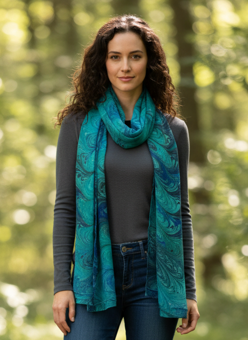 Woman wearing a marbled silk  scarf 