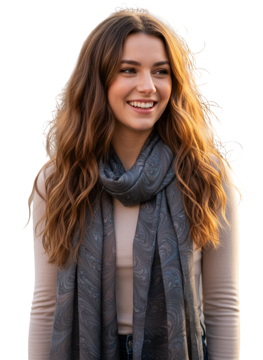 Woman wearing a marbled silk gray scarf 