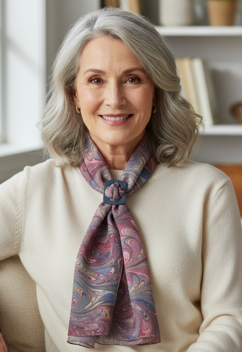 Woman wearing a marbled silk scarf in a home setting