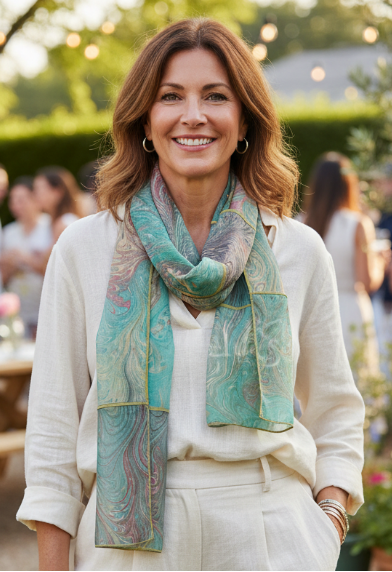 Woman wearing a white outfit with a marbled pieced scarf in an outdoor setting