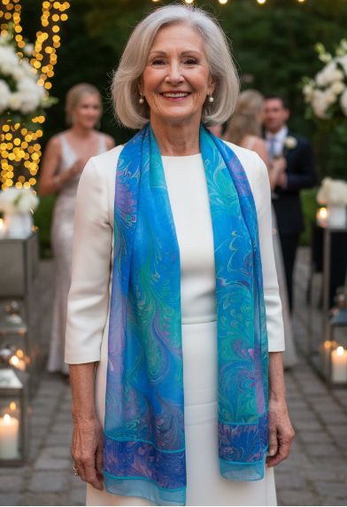 Woman wearing a blue and pink marbled pieced scarf at an outdoor event with decorations and people in the background.