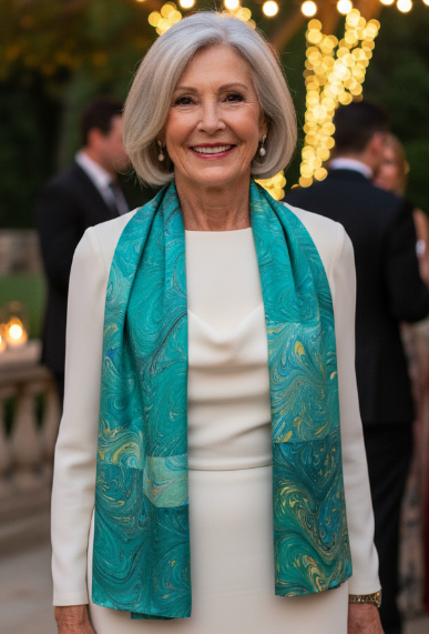 Woman wearing a white dress and lime marbled pieced scarf at an outdoor event with string lights.