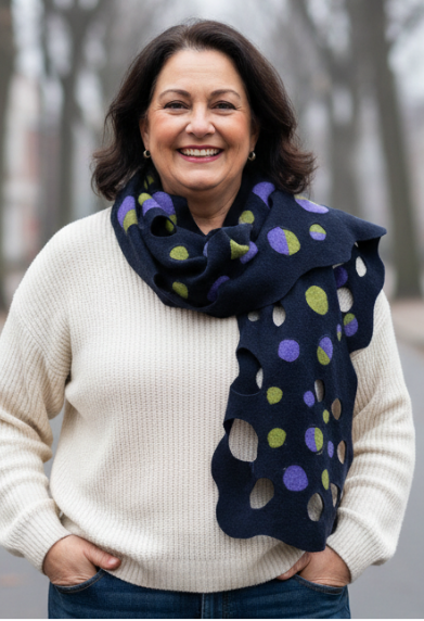 Woman wearing a white sweater, blue jeans, and a dark polka dot wool scarf standing on a street.