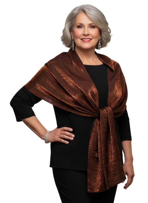 Woman wearing a black outfit with a brown shawl