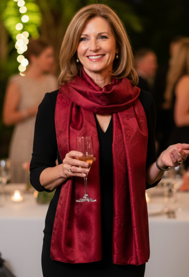 Woman in a red marbled scarf and black dress standing in an outdoor setting with tables and people in the background.