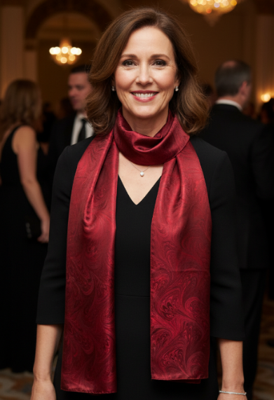 Woman wearing a red marbled scarf in an indoor setting with blurred people in the background