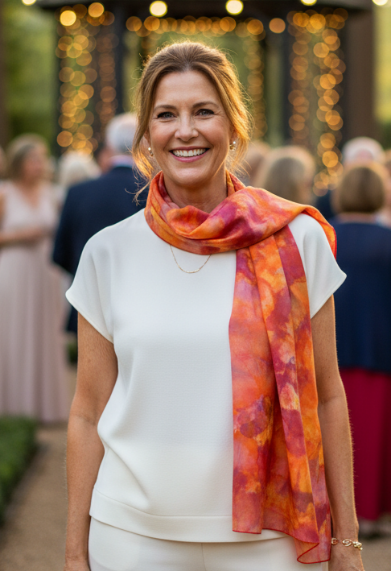 Woman in a white outfit with an orange hand painted silk scarf standing outdoors in a garden setting.