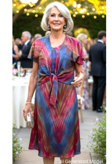 Woman in a shibori dyed silk satin dress standing outdoors at an event with people and decorations.  AI generated models.