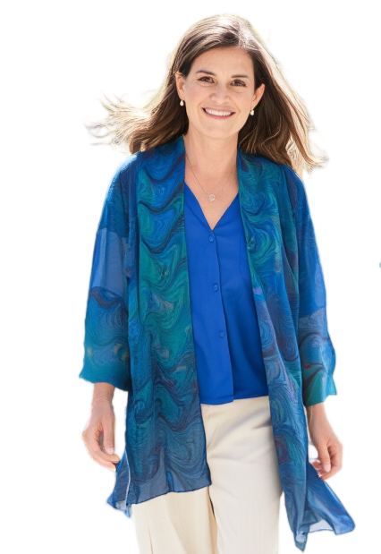 Woman wearing a sheer marbled ramp jacket against a white background