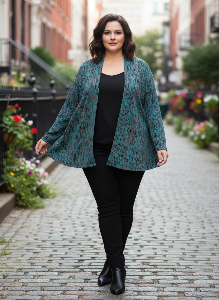 Woman wearing a teal patterned jacket over a black top and pants on a street with flowers and buildings in the background.