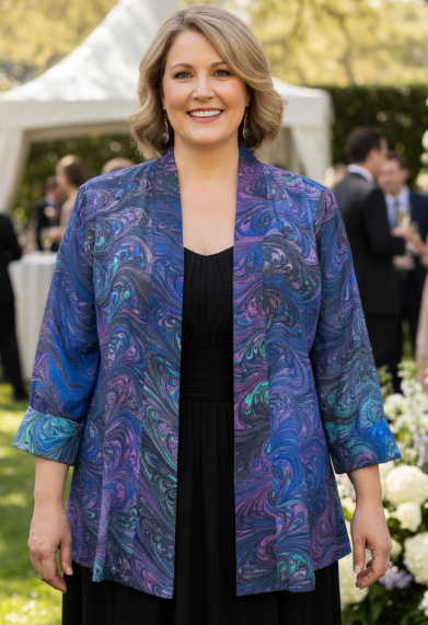 Woman wearing a dynamic marbled silk  jacket  in beautiful jewel tones over a black dress at an outdoor event with floral decorations.