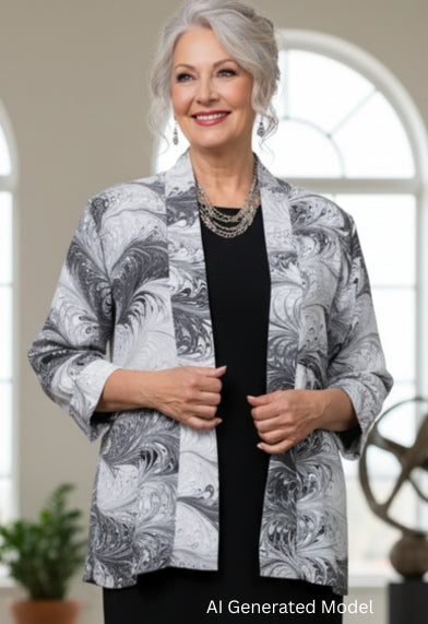 woman wearing a marbled silk black and white swing jacket over a black dress standing in a bright room