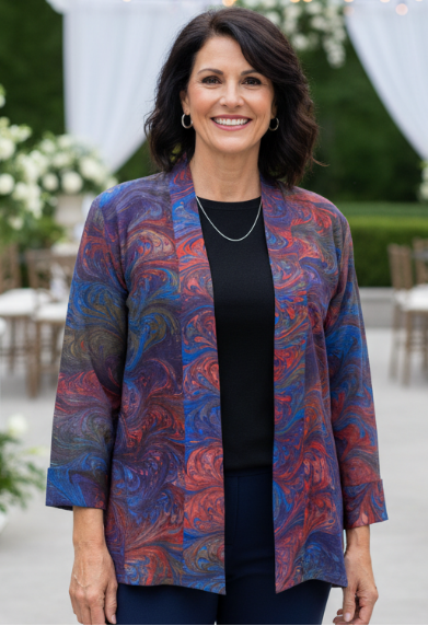 woman wearing a hand marbled silk swing jacket in blue, red, brown multicolors at a wedding event 