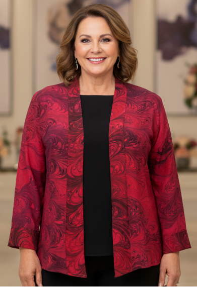 Woman wearing a red marbled silk jacket in an elegant room with chandeliers and floral arrangements.