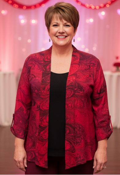Woman in a red marbled silk jacket standing in a decorated room with tables and lights.