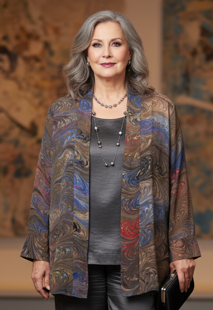 Woman wearing a marbled silk swing jacket over gray top and pants in an art gallery setting