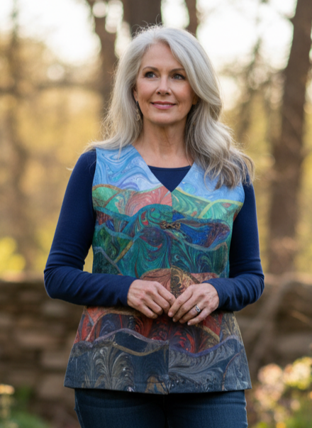 Woman standing in a garden path wearing a marbled vest and blue jeans.
