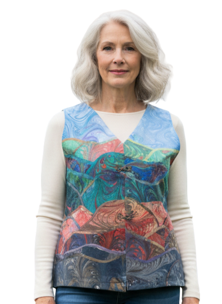 Woman wearing a colorful marbled vest 