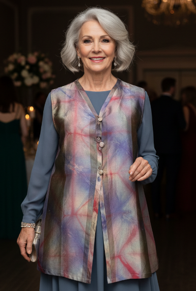 Woman wearing a hand dyed silk dupioni vest over a long dress in an indoor setting with chandeliers.