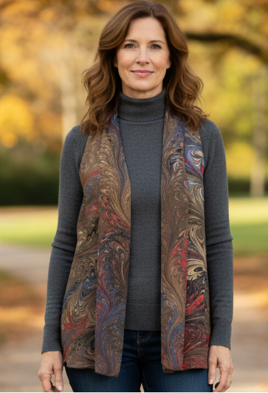 woman wearing a sheer silk vest in marbled sienna colors