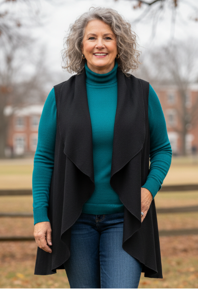 Woman wearing a teal sweater, black wool vest, and blue jeans standing in a park with trees and a fence in the background.