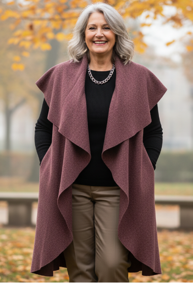 woman wearing a large sienna wool vest 