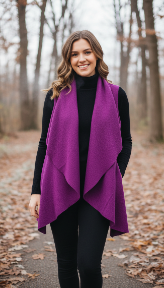woman wearing a raspberry wool vest with turtleneck