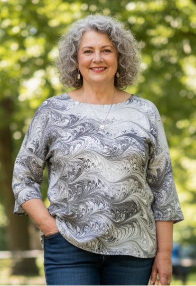 Woman standing in a park wearing a marbled silk top  with trees and flowers in the background