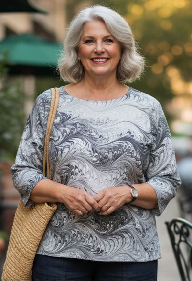Woman standing outdoors wearing a marbled silk top in charcoal and white in a casual setting 