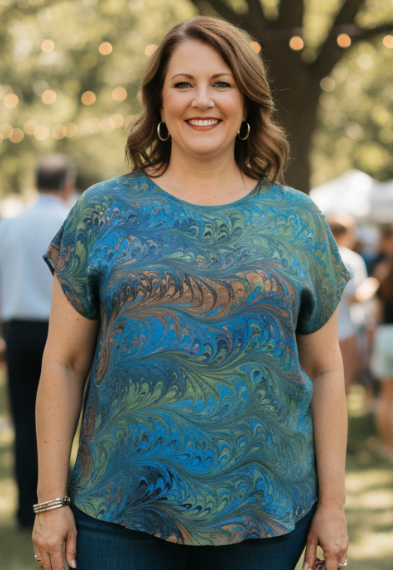 woman wearing a hand marbled silk top in blue, gray, peach and celery colors