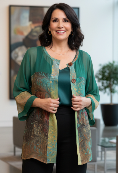 Woman wearing a green and gold marbled and dyed silk jacket in an indoor setting