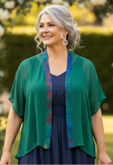 Woman in a navy dress with a green sheer silk overjacket  with marbled bands down front standing outdoors with floral decorations.