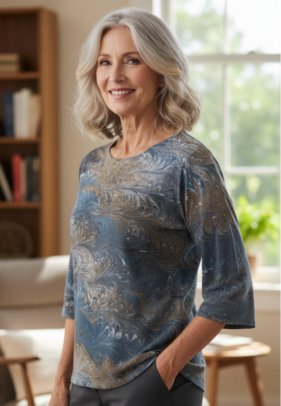 Woman wearing a charcoal and gray marbled silk half sleeve shirt in a home setting