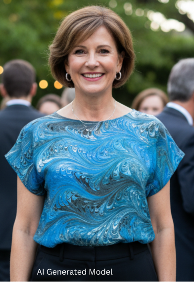 Woman in a blue marbled silk  top and black pants standing outdoors at an event.  AI generated model