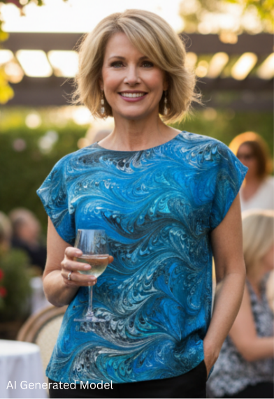 Woman in a blue marbled silk top and black pants standing outdoors with tables and people in the background.  AI generated model