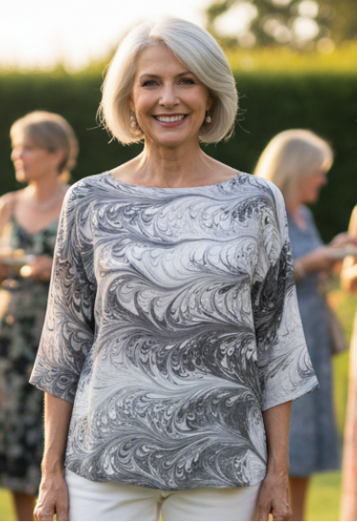 Woman wearing a black and white marbled silk top standing in a garden with people in the background