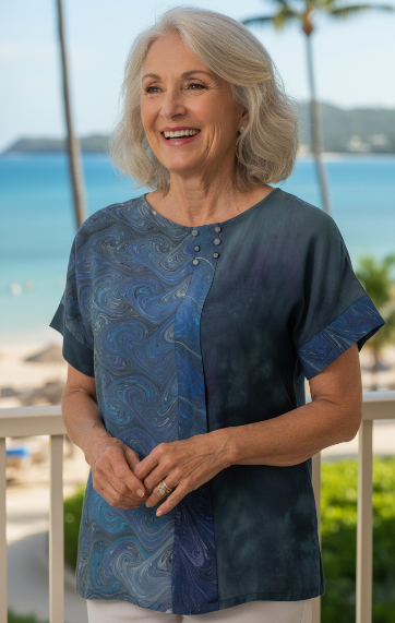 Woman wearing a marbled and dyed silk  top standing on a beach with palm trees and ocean in the background.