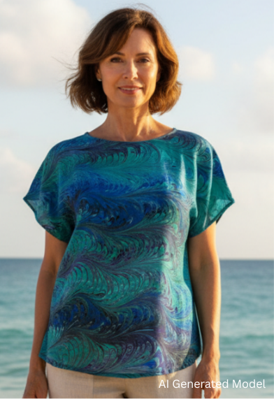 Woman standing on a beach wearing a blue marbled silk top and beige pants. AI generated model.