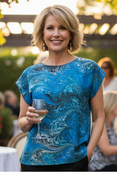 Woman in a blue marbled silk top and black pants standing outdoors with tables and people in the background.
