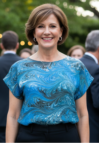 Woman in a blue marbled silk  top and black pants standing outdoors at an event.