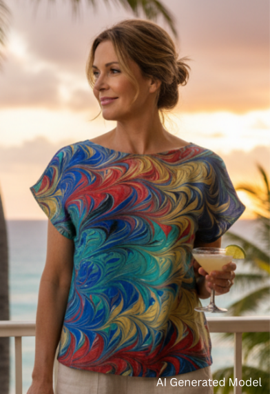 Woman wearing a marbled silk top with ocean in background.  AI generated model.
