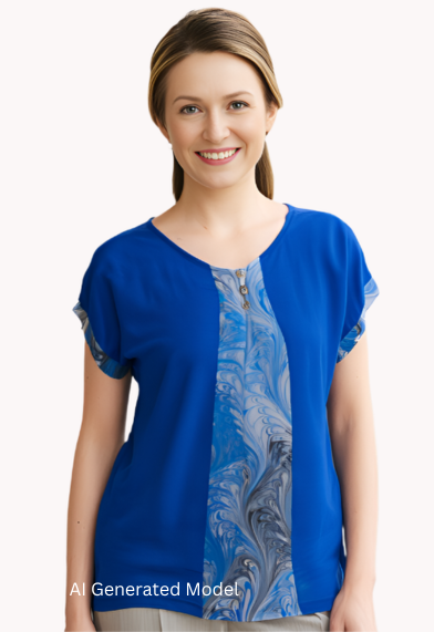 Woman wearing a dyed blue blouse with a marbled inset AI generated model