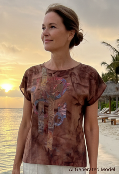 Woman wearing a hand dyed brown shirt with sewn applique graphic standing on a beach at sunset AI generated
