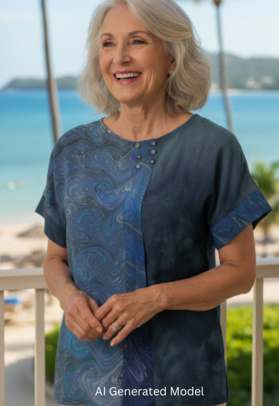 Woman wearing a marbled and dyed silk  top standing on a beach with palm trees and ocean in the background. AI generated model.