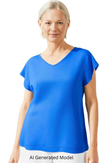 woman wearing a hand dyed turquoise blue silk t with v neck.  AI generated model.