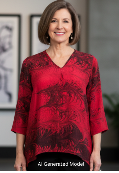 Woman wearing a red marbled silk blouse and black pants in an indoor setting.  AI generated model.