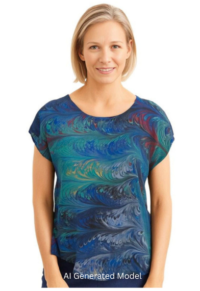 Woman wearing a short sleeve, colorful blouse against the white backdrop.  AI generated model.