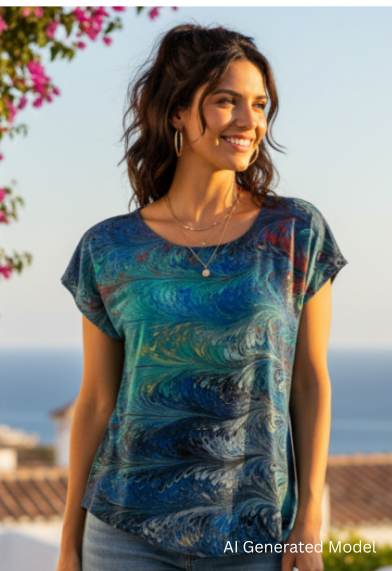 Woman wearing a blue marbled silk  shirt and light blue jeans standing on a stone path with flowers and ocean view.  AI generated model.