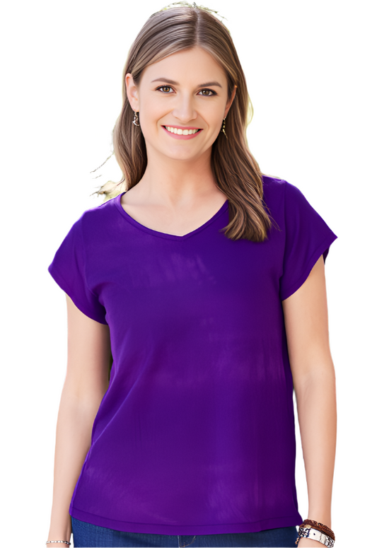 woman wearing a hand dyed silk t in rich violet color with jeans